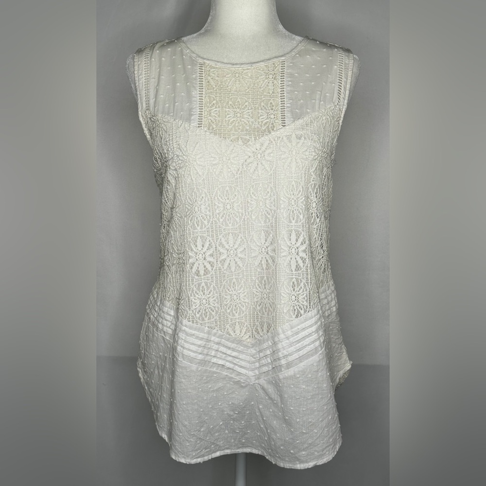 Signature Studio Boho Romance Blouse Ivory Lace Eyelet Swiss Dot Sz‎ L